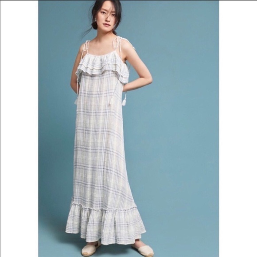 Anthropologie Antik Batik Tony Shoulder Tie Ruffle Plaid Maxi Dress